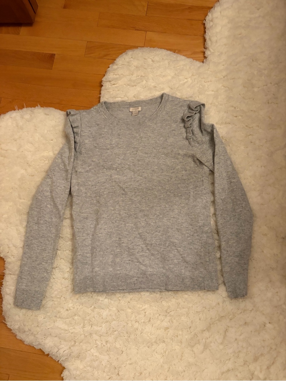 J. Crew Light Gray Ruffle-Shoulder Crewneck Sweater